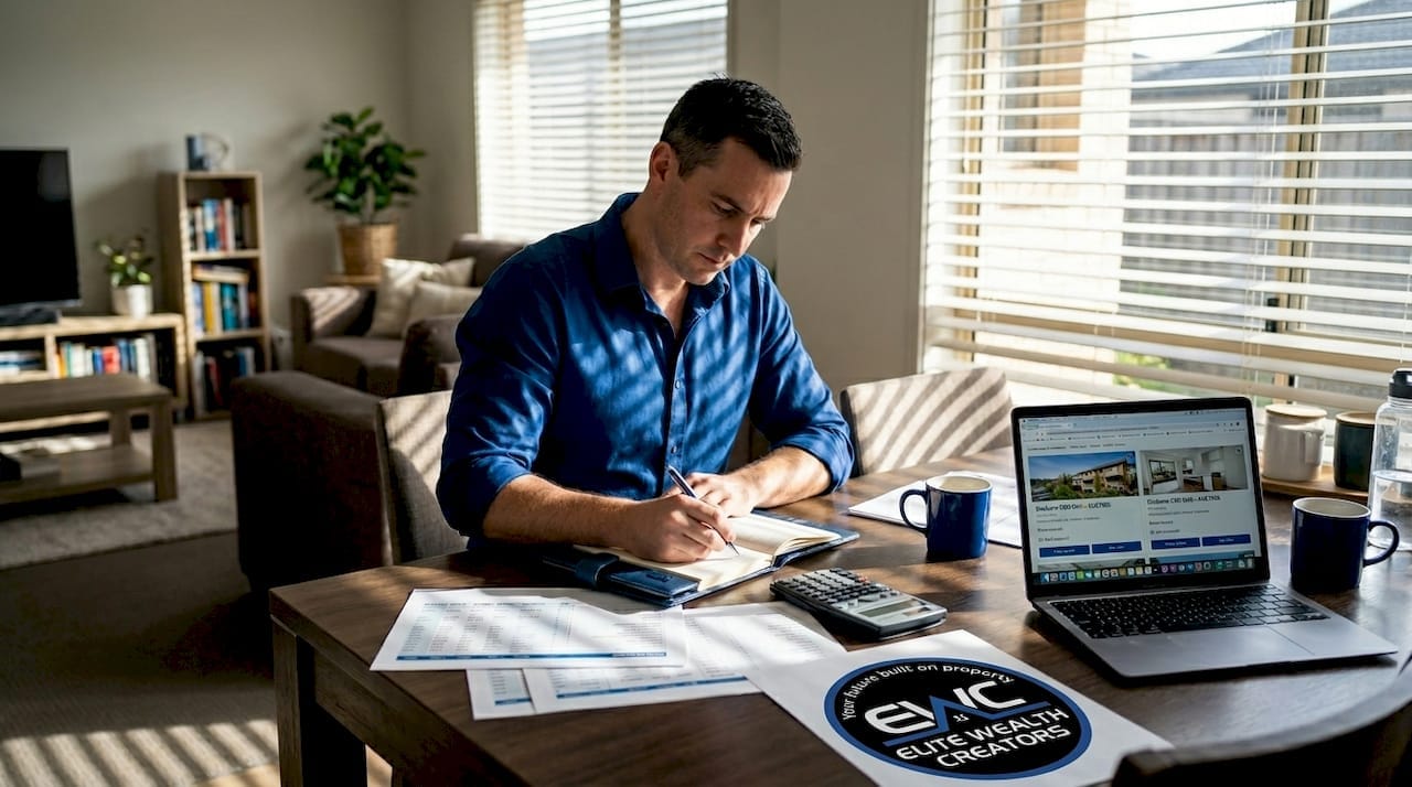 Investor reviewing property plans and step by step investment strategy at home.