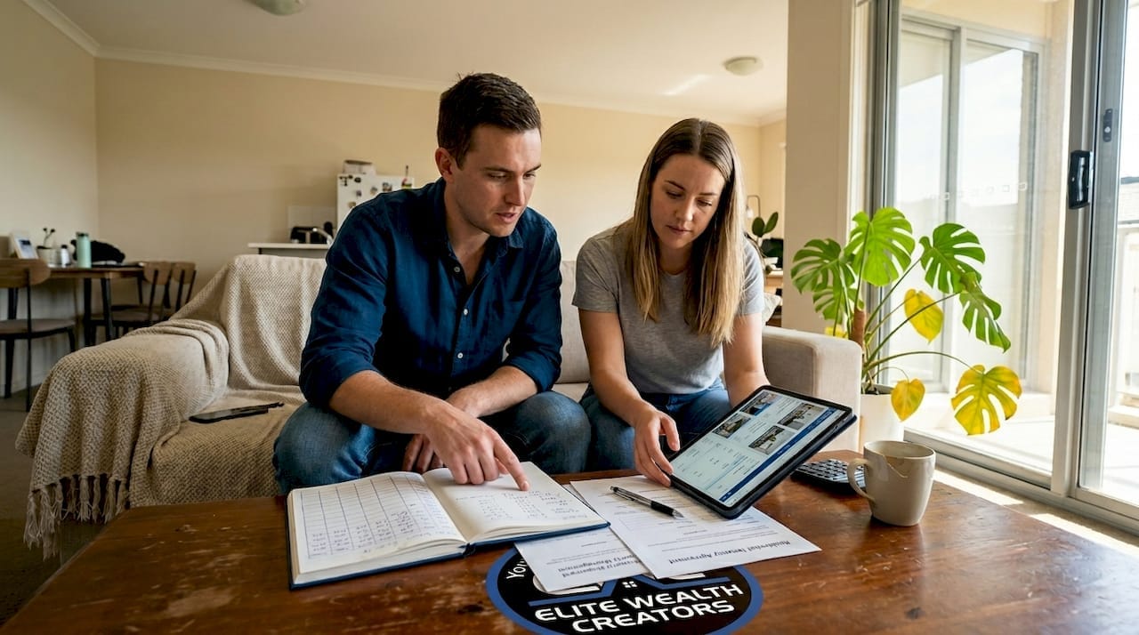 Couple reviewing rentvesting documents at home.