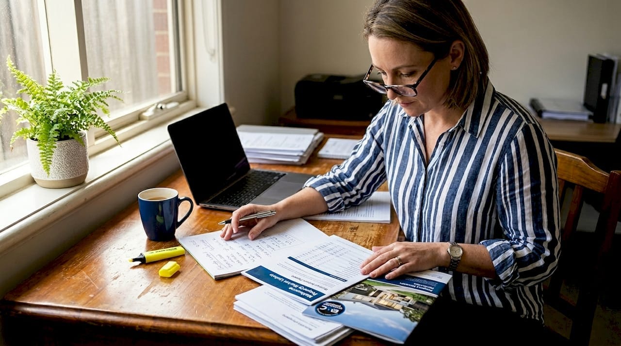 Woman reviewing real estate reports in a home office.