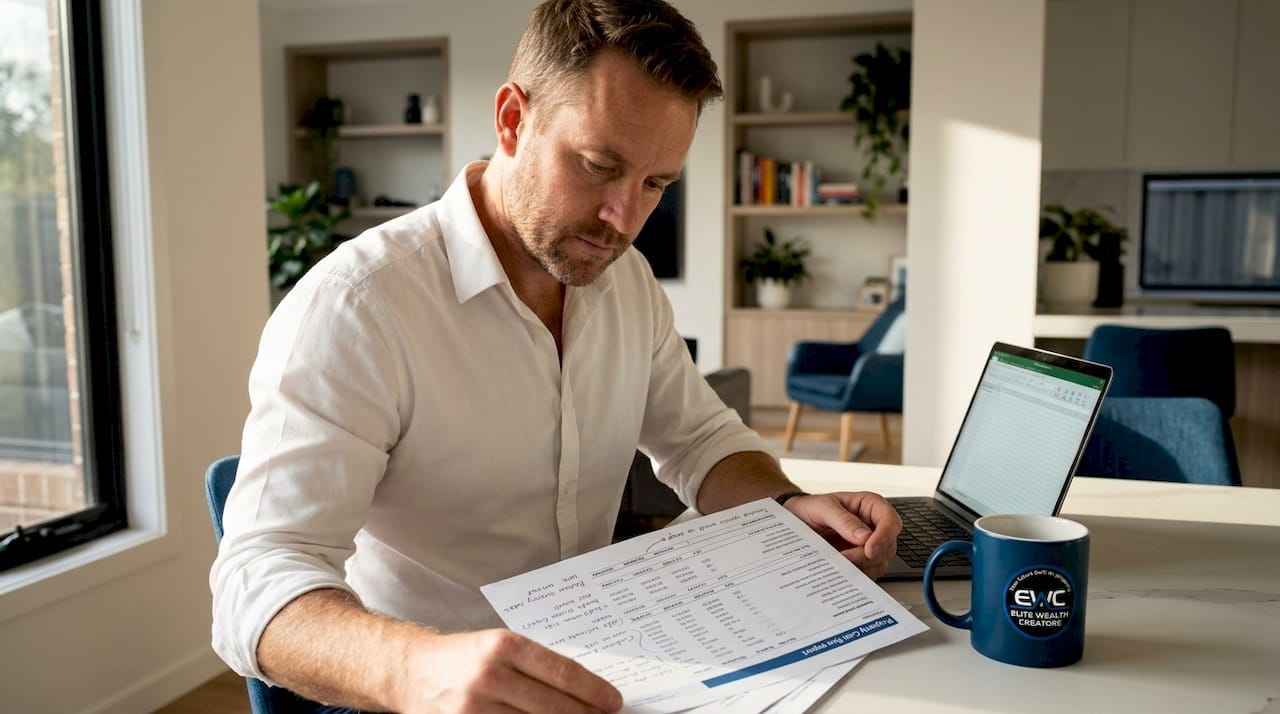 Middle-aged investor reviewing property cash flow guide.