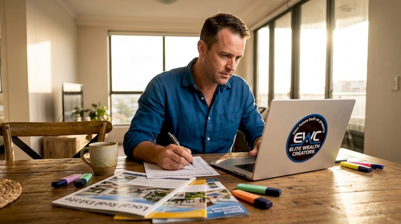 Man researching property locations at home office.