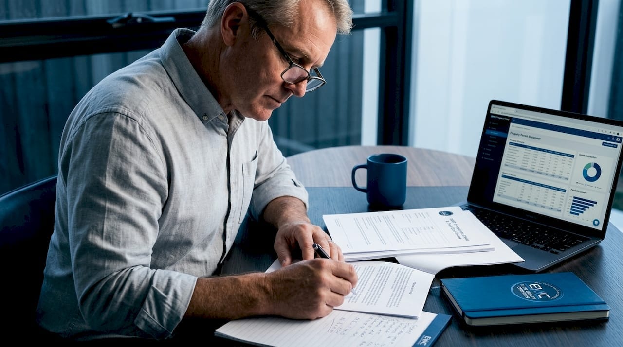 Man reviewing SMSF property documents with laptop analytics at home.