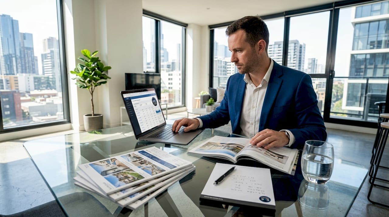 Property investor reviewing rental yield calculations on a laptop.