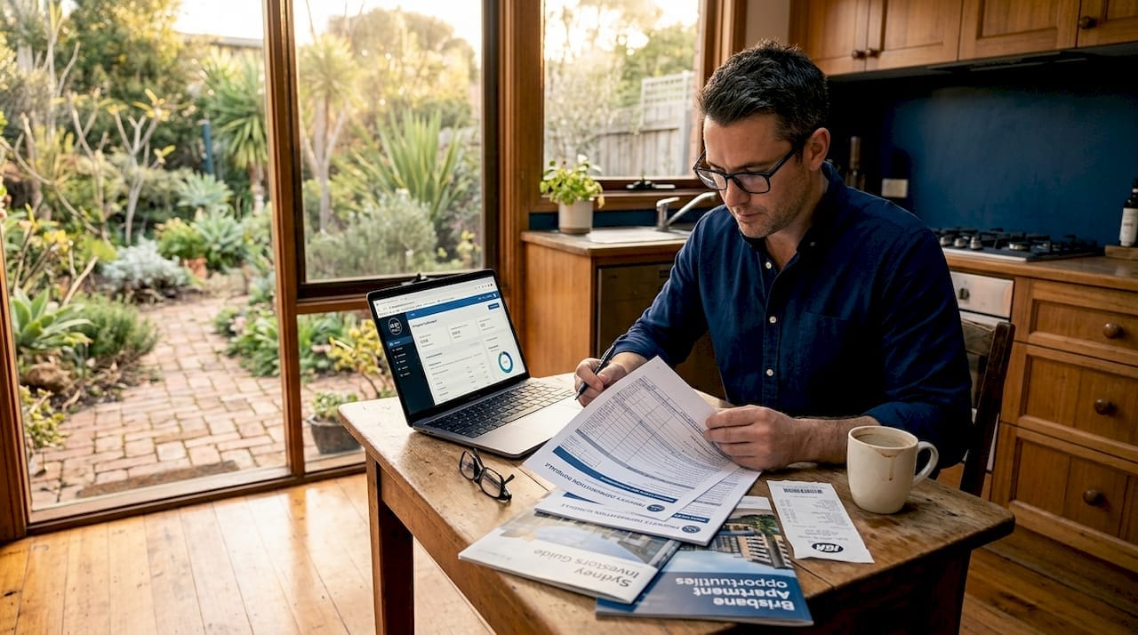 Investor reviewing property depreciation documents at a home table.