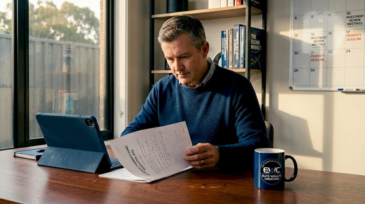 Investor reading property fund documents in home office