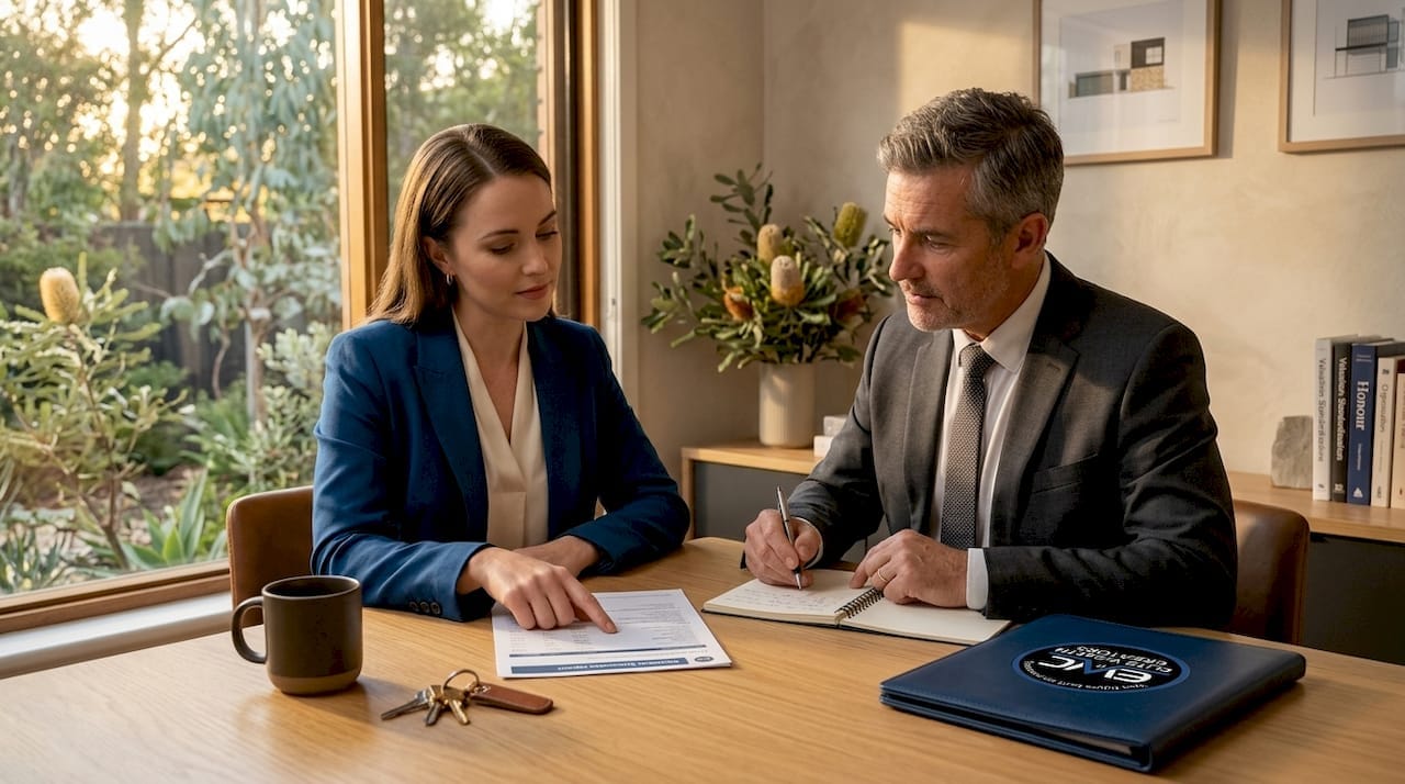 Buyer reviews property valuation report with valuer