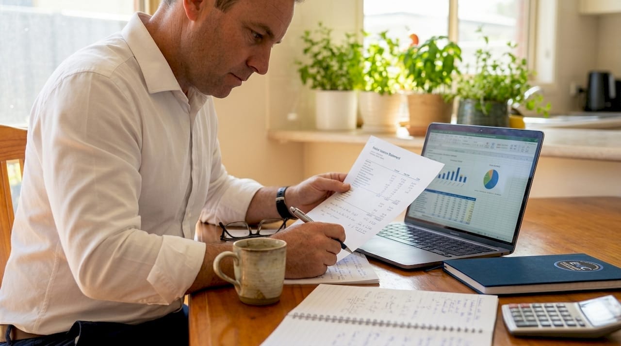 Investor reviewing property income at kitchen table