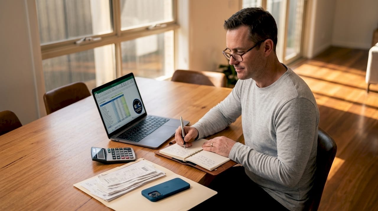 Investor reviewing property rental spreadsheet at home