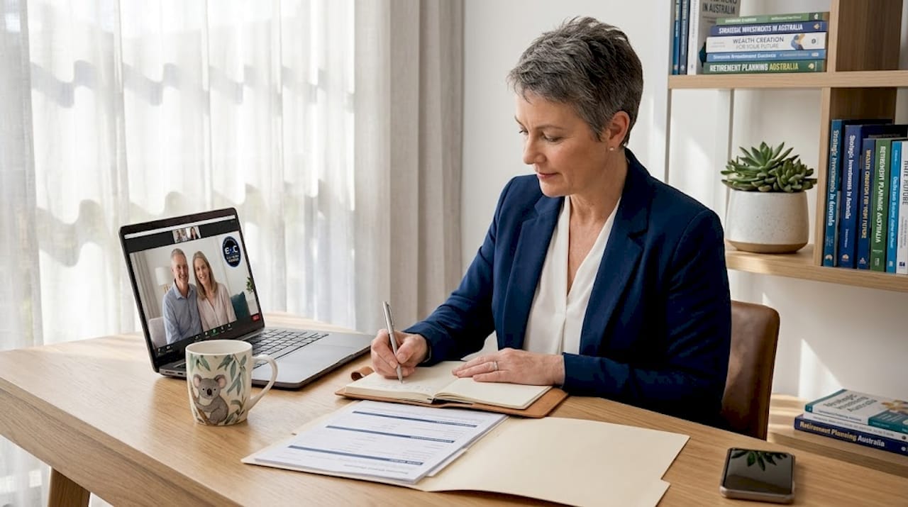 Financial planner video call with clients in home setting