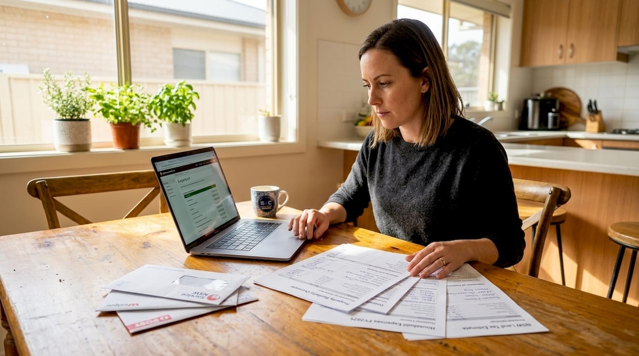 Woman reviewing financial planning documents at home table