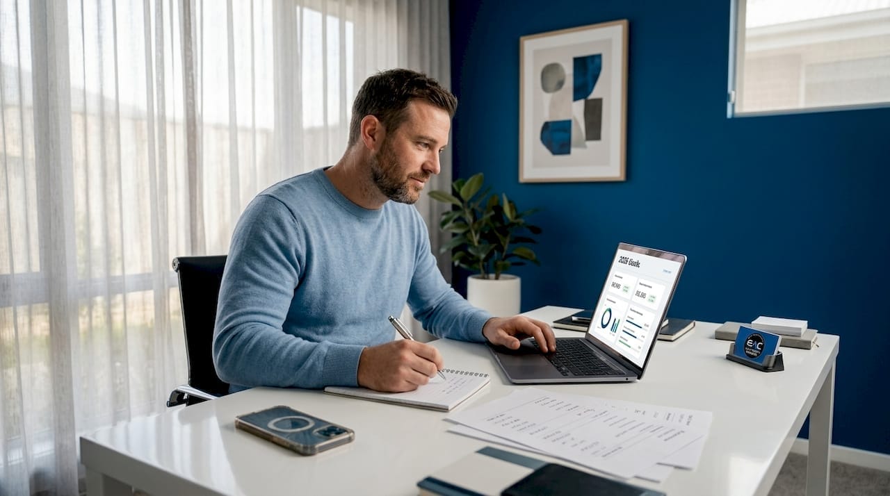 Man documenting investment goals in home office