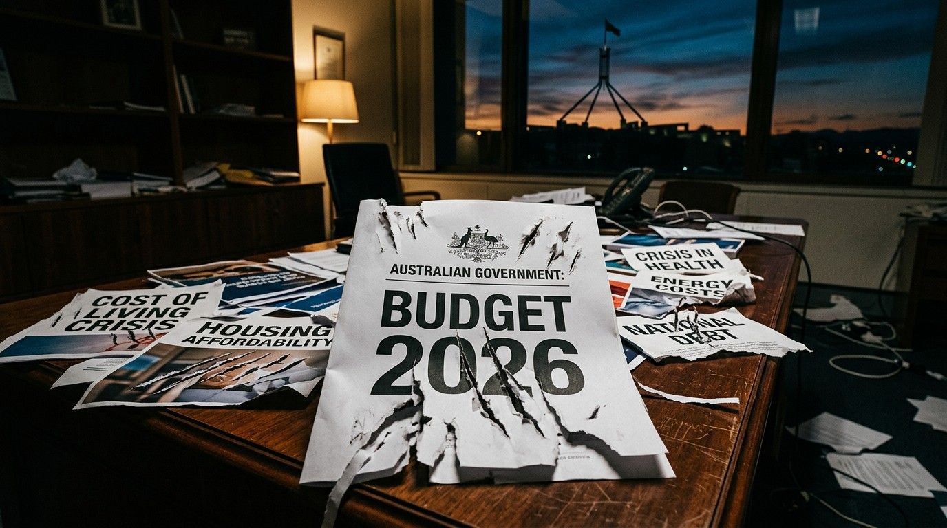 Australian Government Budget 2026 crisis papers on a table in a dim office.