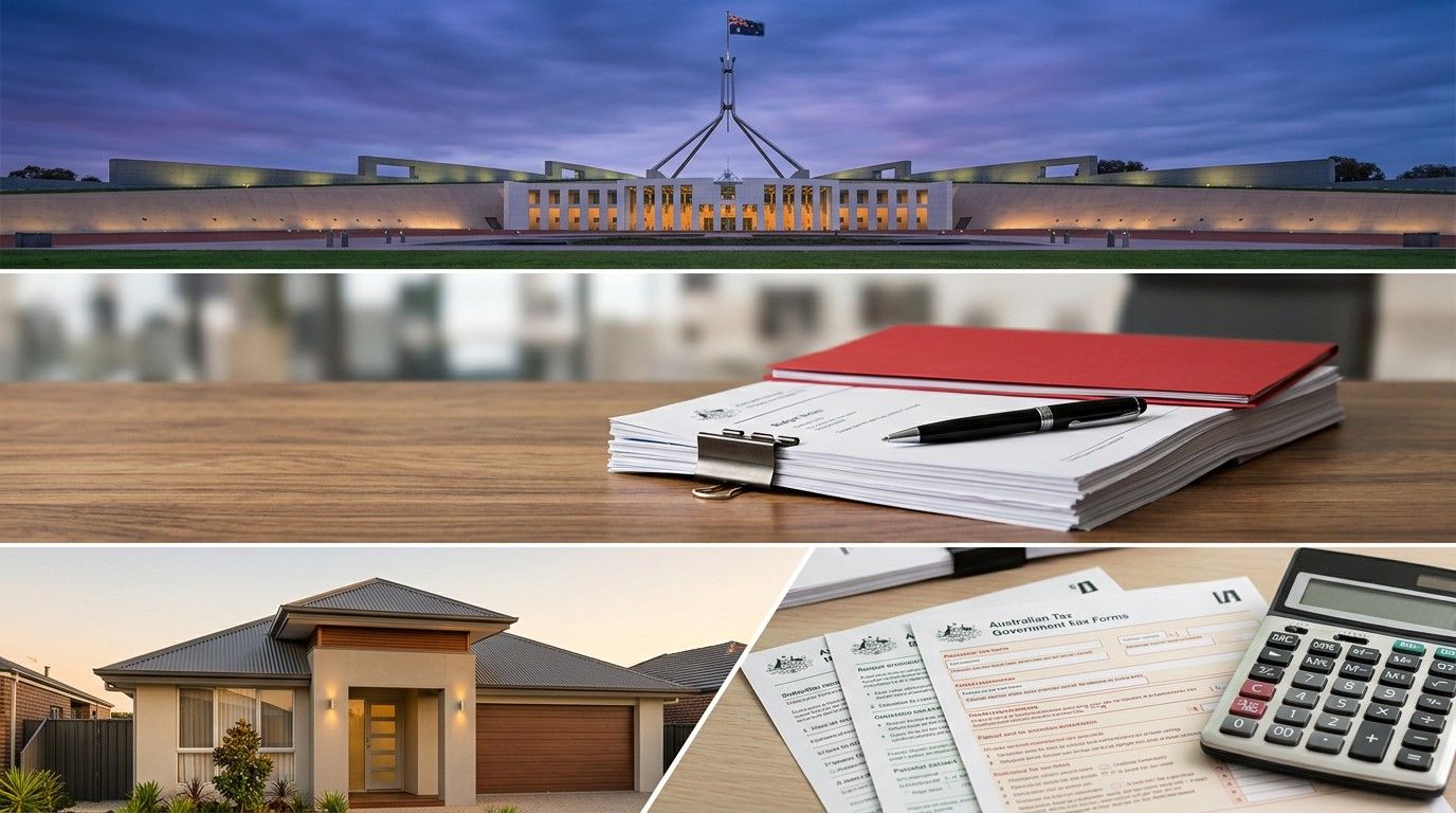Australian Parliament, paperwork, tax forms and suburban house collage in Australia.