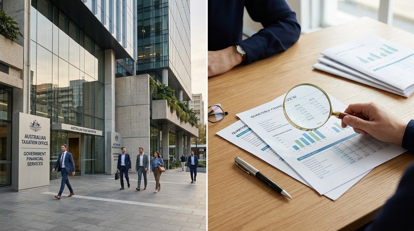 Australian Taxation Office audit review with finance documents and business professionals.