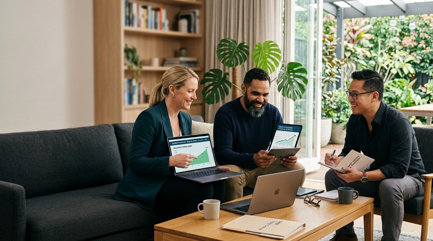 Business team reviewing growth charts in a bright modern living room.