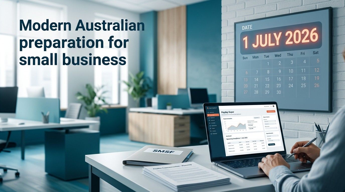 Modern Australian small business preparation with Payday Super dashboard and 1 July 2026 calendar.