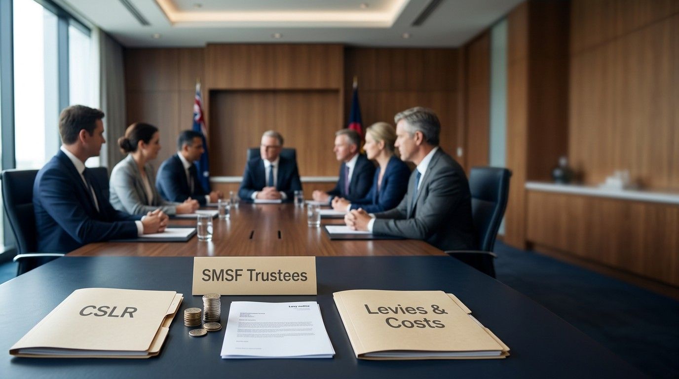 SMSF trustees boardroom meeting discussing CSLR levies, costs and compliance.