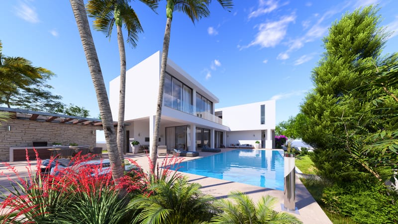 Villa terrace and pool overlooking the Mediterranean at Peyia, Cyprus